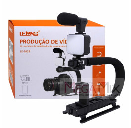 Kit Fotográfico Estabilizador + Luz Led + Microfone + Tripé LE-3629 - Lelong